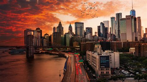 Sunset Over Manhattan 4k Ultra Hd Wallpaper Background Image
