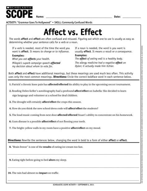 Affect And Effect Worksheet Kindergarten Printable Sheet