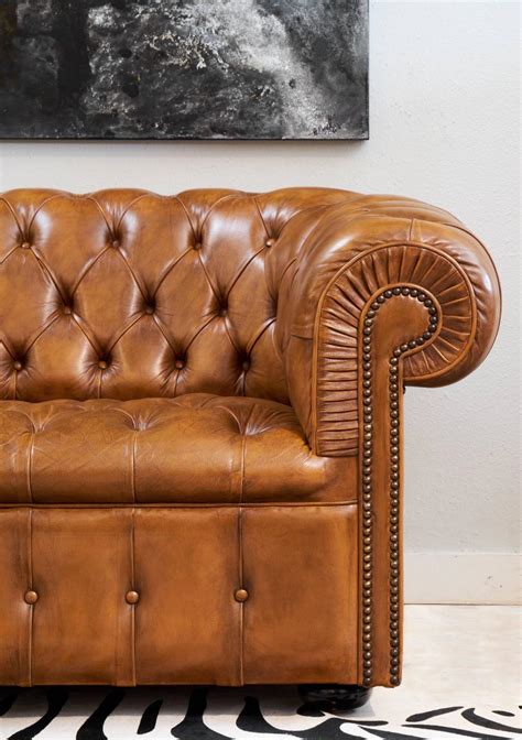 Vintage English Cognac Leather Chesterfield Sofa At 1stdibs