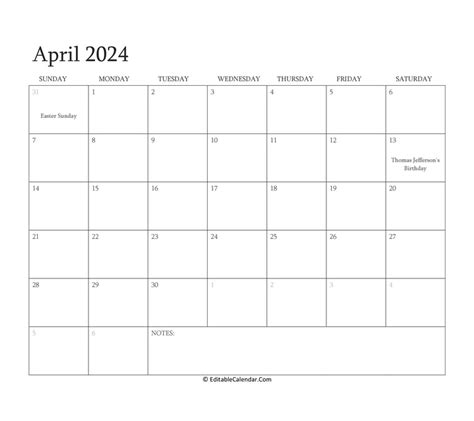 Download April 2024 Editable Calendar With Holidays Word Version