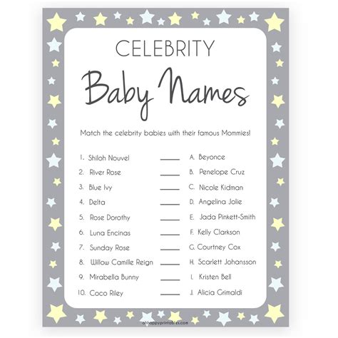 Match The Celebrity Baby Names Grey Stars Printable Baby Shower Games