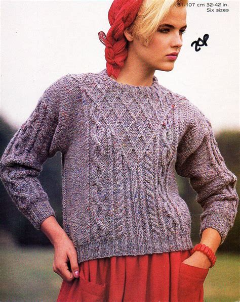 Womens Aran Sweater Knitting Pattern Pdf Chunky Ladies Cable Jumper Round Neck 32 42 Chunky