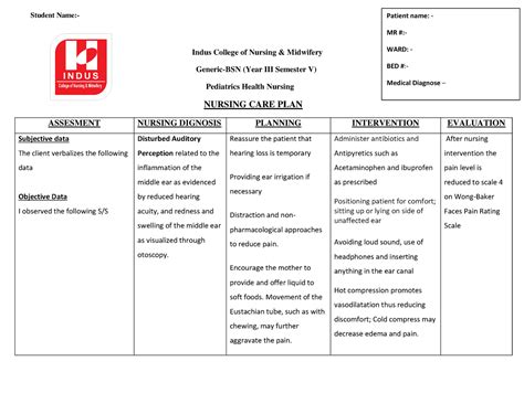 Ncp On Otitis Media Nursing Care Plan Indus College Of Nursing