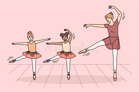 Ballet Teacher And Little Girls Dance Together Stock Vector