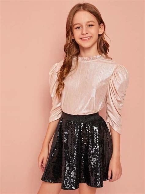 Girls Frill Neck Button Back Ruched Gigot Sleeve Metallic Top In 2020