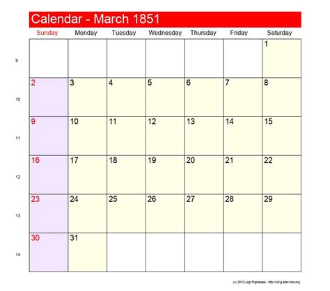 March 1851 Roman Catholic Saints Calendar