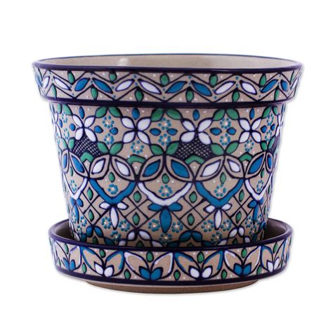 Artisan Crafted Plant Pot And Saucer In Blue And Green Guanajuato