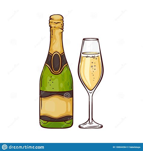 Vector Illustration Of Champagne In Close Bottle And Wineglass In