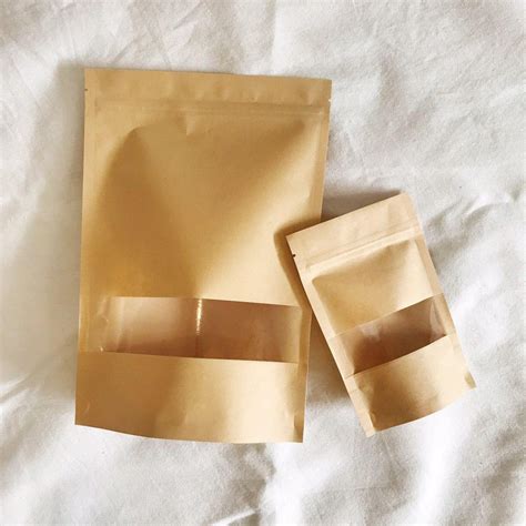 100pcs Stand Up Kraft Paper Pouches With Window Resealable Ziplock