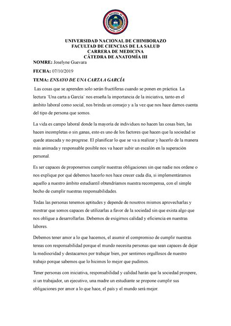 Ensayo Trabajo Reflexivo Sobre Carta A Garcia Universidad Nacional