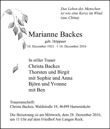 Traueranzeigen Von Marianne Backes Trauer In NRW De