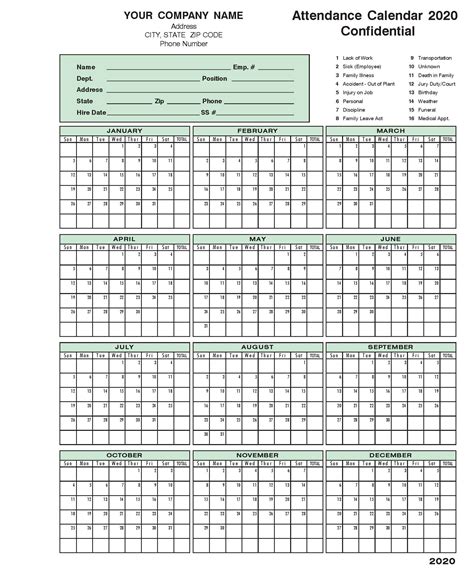 Employee Attendance Calendar Tracker Template 2020