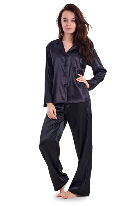 Ladies Satin Pyjama Set Pjs Cerise Full Length Womens Blue Cream