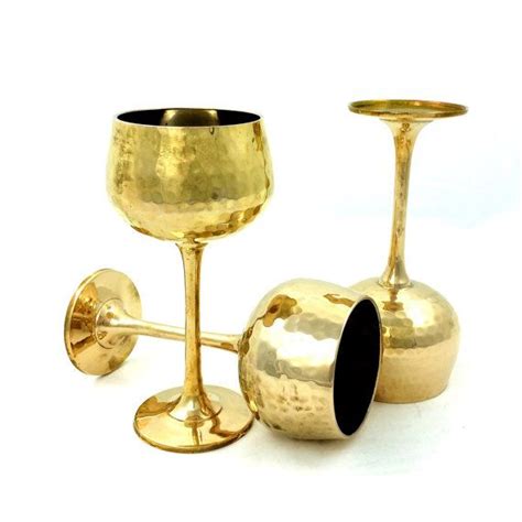 Vintage Hammered Brass Goblet Set Solid Brass Wine Glass Set Etsy