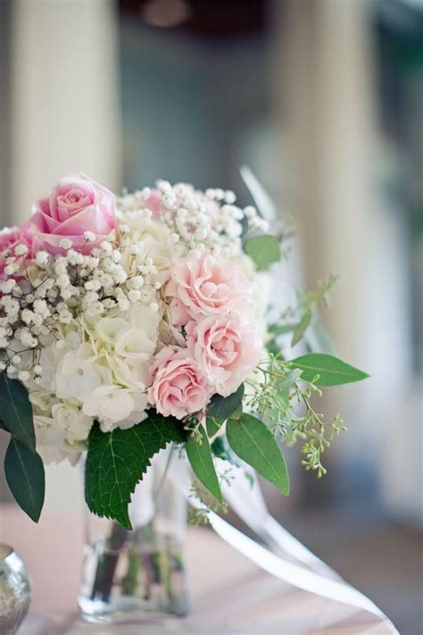 White and neutral wedding flowers. Rose-Hydrangea-Centerpiece. We can also substitute pink ...