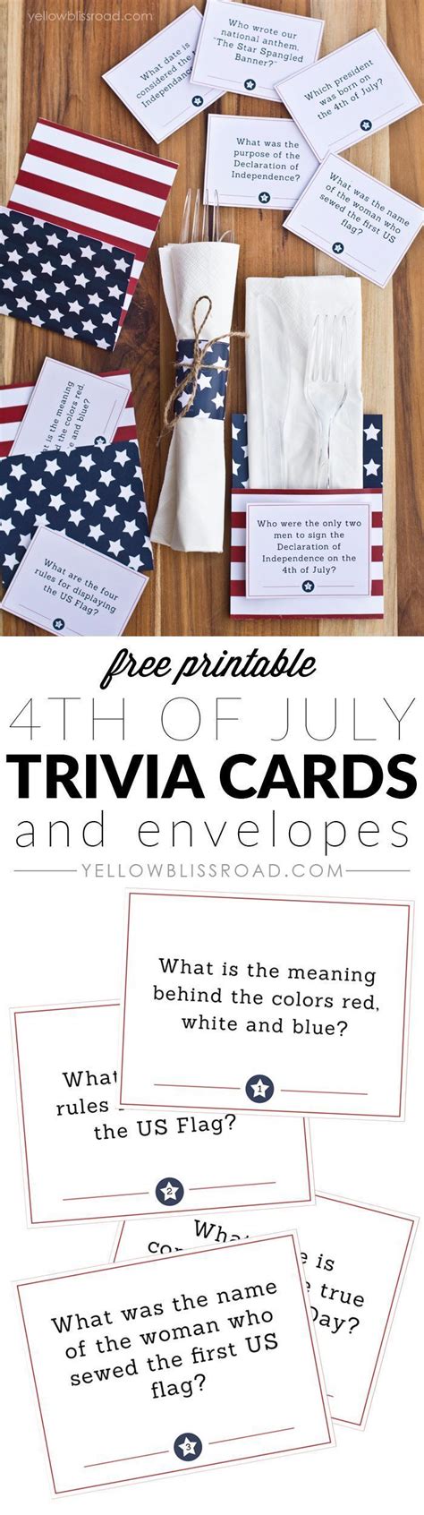 Test your knowledge about the 4th of july by answering the independence day trivia questions. Free Printable 4th of July Trivia Cards & Utensil Holders ...