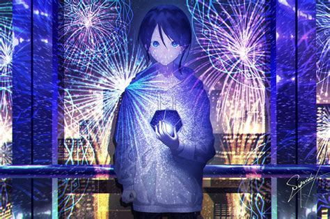 Download 2560x1700 Anime Boy Fireworks Hoodie Blue Eyes Wallpapers For Chromebook Pixel