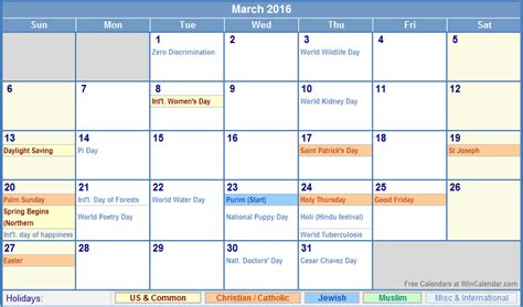 March 2016 Calendar With Holidays As Picture