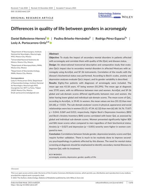 pdf differences in quality of life between genders in acromegaly