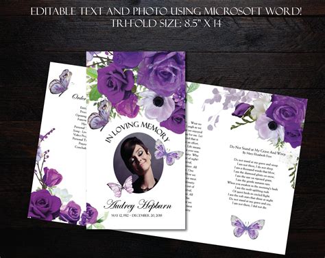 Funeral Obituary Template Pages Purple Funeral Program Etsy Uk Hot