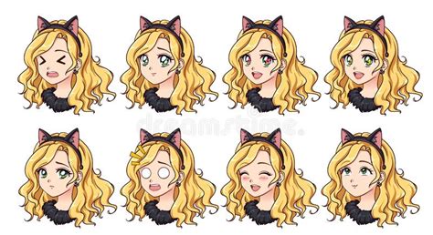 A Set Of Cute Anime Girl Wearing Cat Costume With