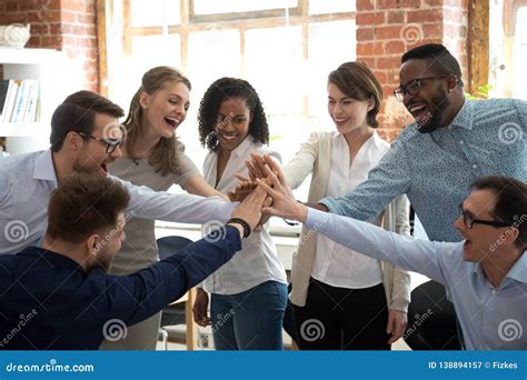 Happy Diverse Colleagues Give High Five Together Celebrate Great