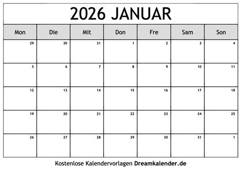 Kalender Januar 2026