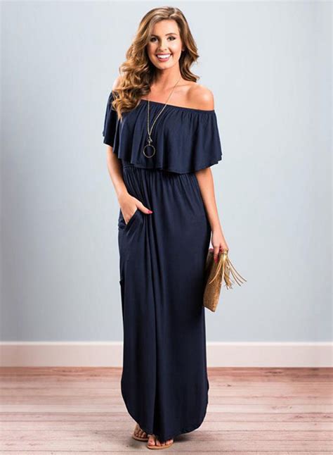 Womens Boho Off Shoulder Short Sleeve Ruffle Solid Maxi Dress With