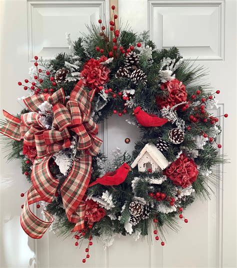 Christmas Wreath Cardinal Wreath Snow Flocked Pine Wreath Etsy