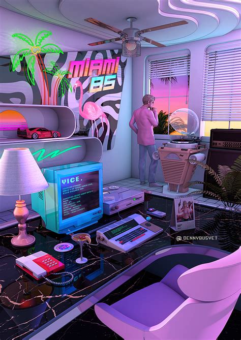 synthwave miami 85 poster by dennybusyet neon room retro room vaporwave