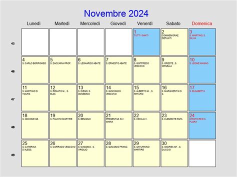 Calendario Novembre 2024 Con Festività E Fasi Lunari