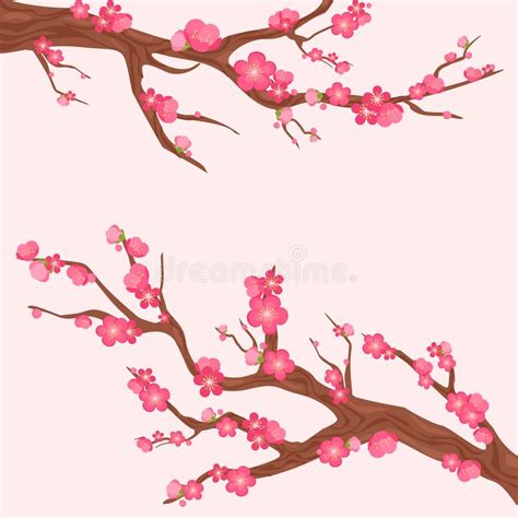 Vector Illustration Of Japan Cherry Branch With Blooming Flowers