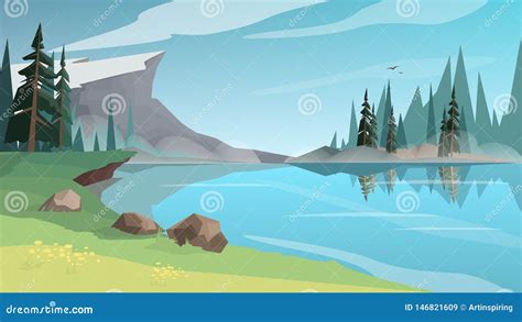 Beautiful Lanscape With A Pond River Or Lake Cartoon Vector