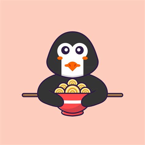 Cute Penguin Eating Ramen Noodles Animal Cartoon Concept Isolated Can