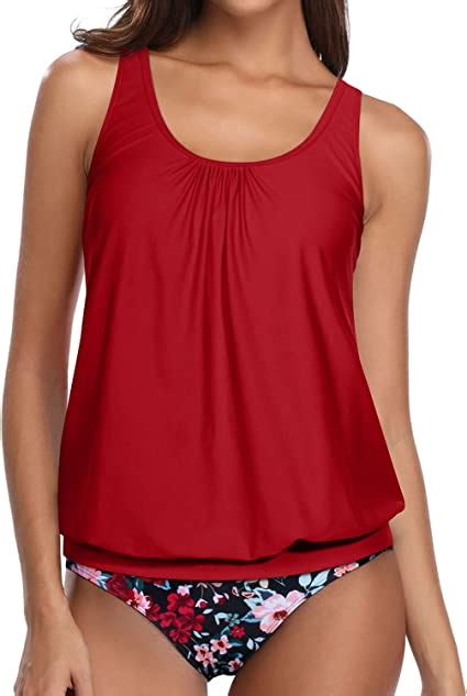 Buy Yonique Red Blouson Tankini Swimsuits For Women Modest Floral