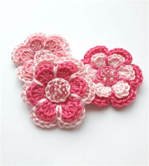 Pink Flower Appliques With Beaded Center Crochet Flowers Flowers Diy