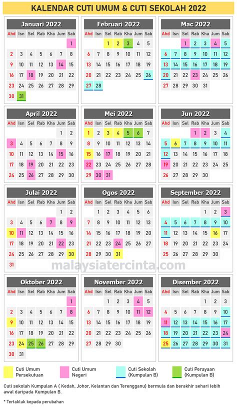 Kalendar Cuti Umum Dan Cuti Sekolah Tahun 2022