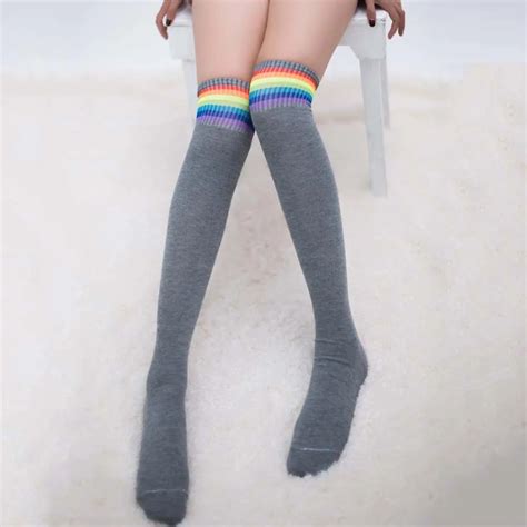 Women Girl Rainbow Stripe Tube Dress Over The Knee Thigh High Cosplay Stockings In Stockings