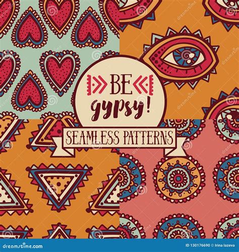Set Of Four Seamless Patterns With Ethnic Or Psychedelic Symbols Stock