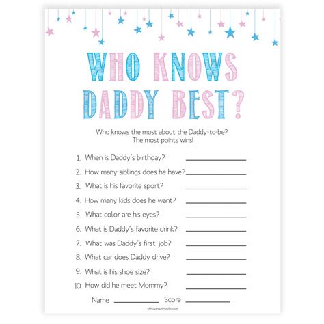 Who Knows Daddy Best Game Gender Reveal Printable Baby Shower Games