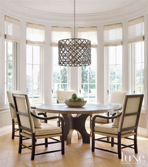 Transitional White Breakfast Nook With Patterned Pendant Luxe