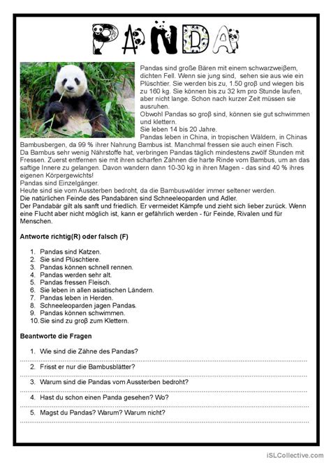 Einfache Texte Panda Allgemeine Deutsch Daf Arbeitsblätter Pdf And Doc