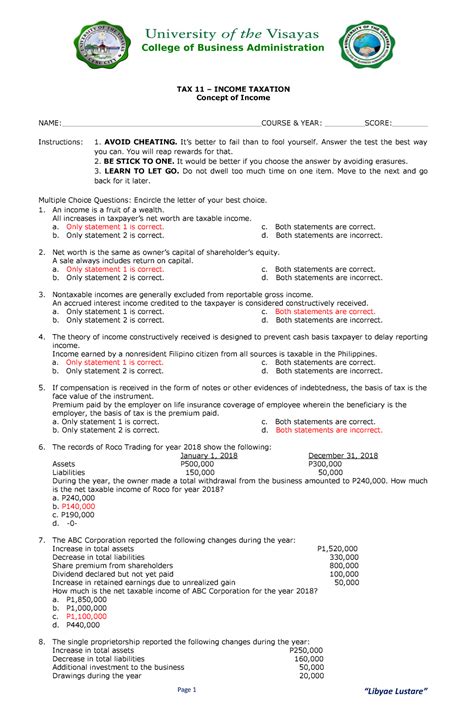 Quiz 2019 Questions And Answers Page 1 Tax 11 Income Taxation