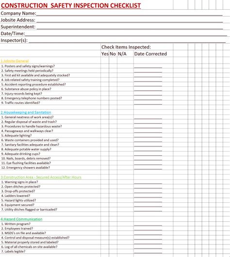 Service vehicle weekly safety inspection checklist service tech: Construction Safety Inspection Checklist