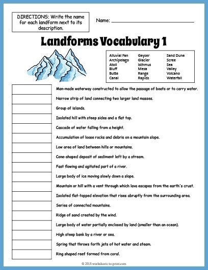Landforms Worksheet 6th Grade