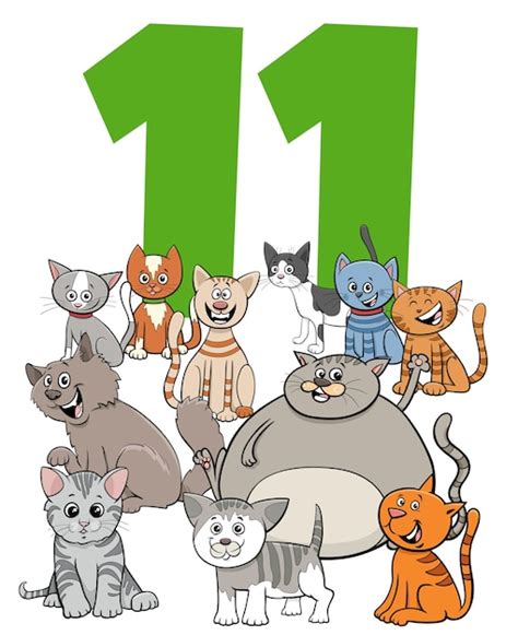 Ilustración de dibujos animados del número once con divertidos gatos y gatitos grupo de