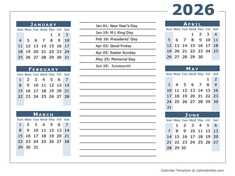 2026 Calendar Template 6 Months Per Page Free Printable Templates