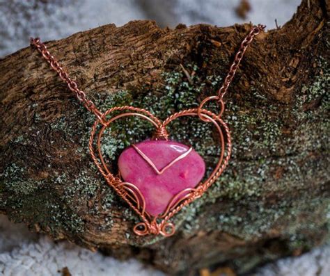 Semi Precious Gemstone Pink Heart Wire Wrap Pendant Necklace Etsy