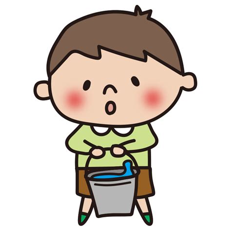 掃除用のバケツの水を運ぶ子供（男の子）の無料フリーイラスト かわいい手描きの無料素材「てがきっず」保育園・小学校・介護施設にぴったりの