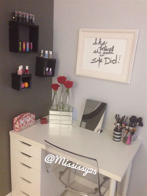 Ikea lack shelf makeup vanity idea. IKEA DIY vanity. Alex drawers, tabletop and legs ...